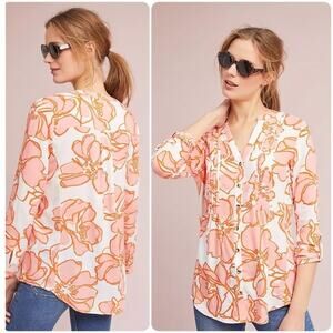 Maeve Anthropologie Floral Pintucked Button Front Blouse White And Orange Small
